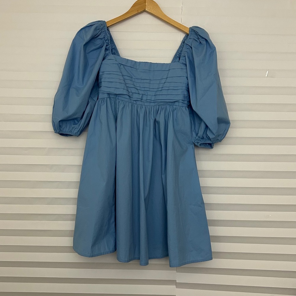 Abercrombie & Fitch Blue Puff Sleeve Pleated Babydoll Mini Dress MT Tall